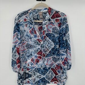 Chicos Size 2 Large Tunic Top Blouse Geometric‎ Floral Print Sheer Long Sleeve